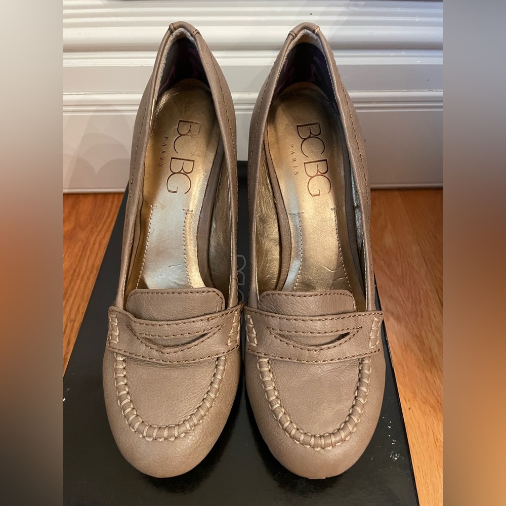 BCBG Paris Taupe Wedge Penny Loafers